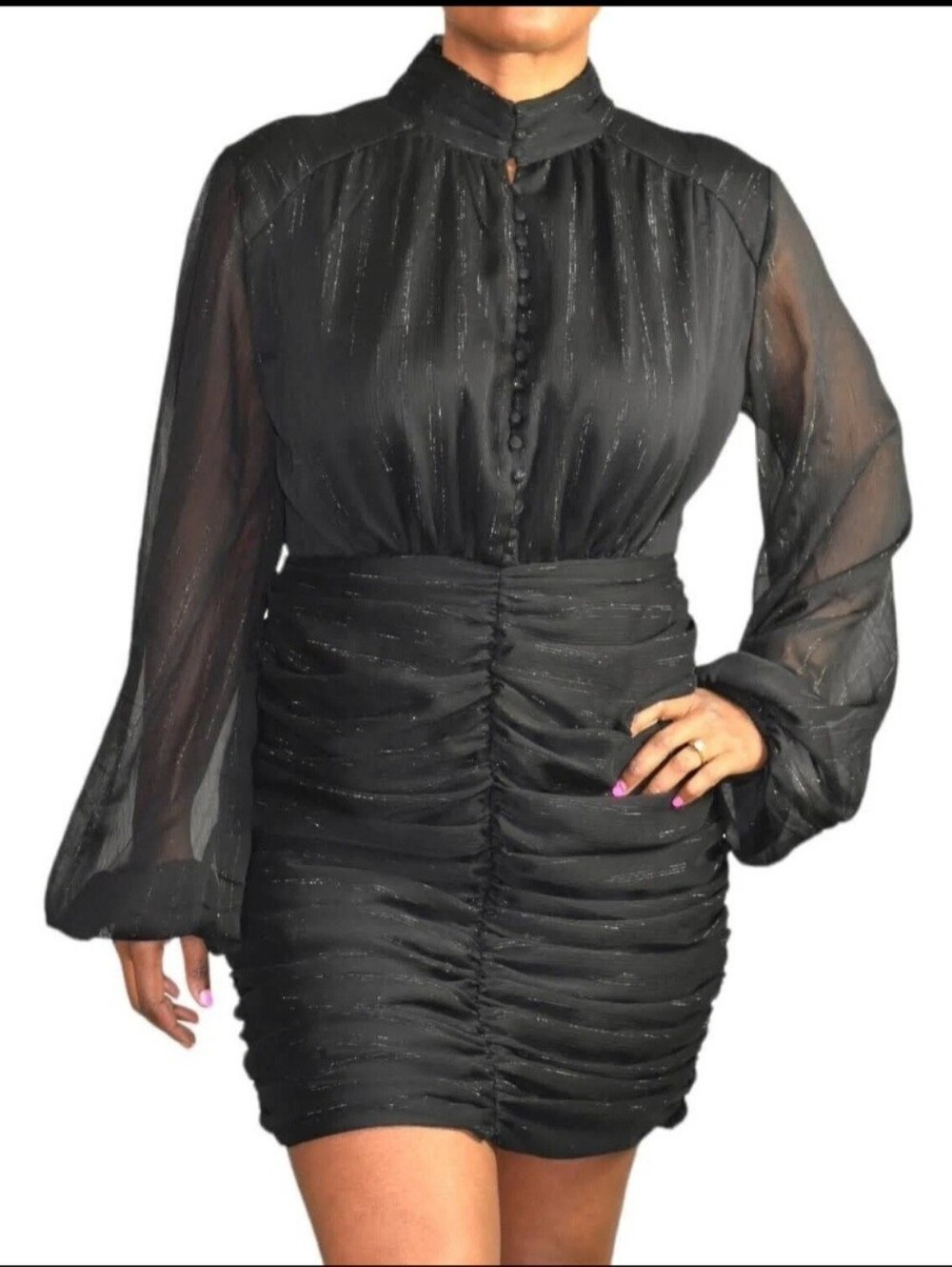 House Of Harlow Black Ruched Bodycon Sheer Balloon Sleeves Dress Goth Glam Sz 12